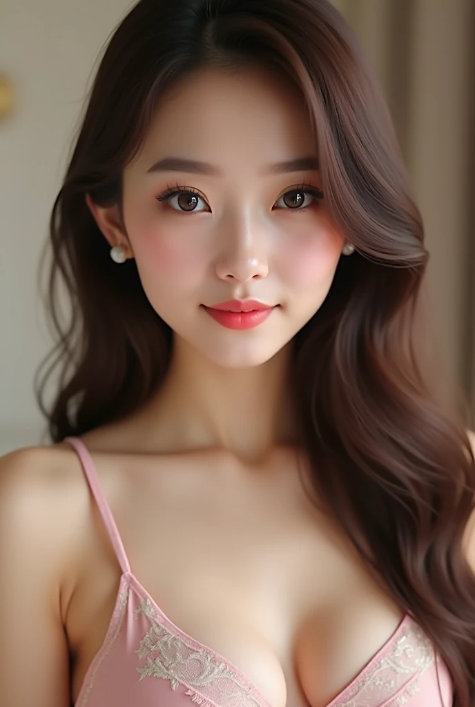 (masterpiece,best quality:1.4),(8k,raw photo,photo realistic:1.2),(shiny skin),detailed skin,detailed face,detailed eyes,Sparkling eyes:1.3,Symmetrical eyes,Detailed Background,detailed hand,1girl,natural make-up,((cute )),(cute Fancy room), natural breasts,young trendy hair, ((Teenrage breast)),(((Wacoal brand silk pyjamas,))),,Illuminated cleavage, (very beautiful cute), (beautiful asian),, girl cute-fine-face,,Cute smile, (super detailed Wacoal brand design,trend),,upper body,nsfw,sexy Instagram style,,face of the Golden Ratio