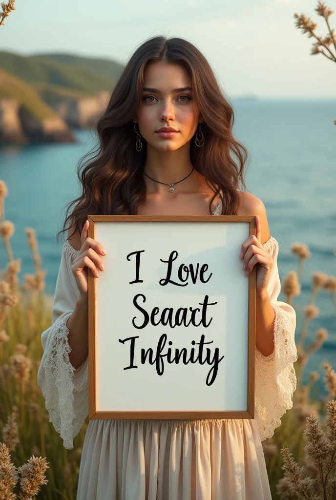 Beautiful girl with wavy long hair, bohemian dress, holding a white board with text "I Love Seaart Infinity" and showing it to the viewer