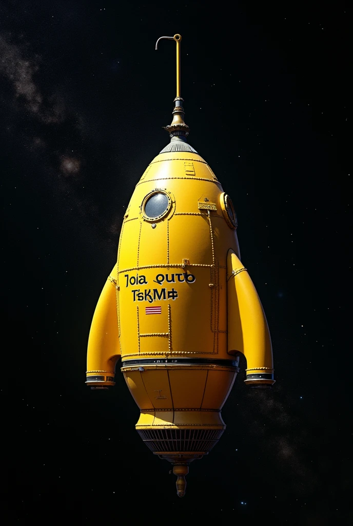 A small yellow capsule-type spaceship,1969s Design,Spaceships don&#39;t have wings,Riveted surface,There is writing on it,There are no windows.,Has a hook,Spaceship background in space,