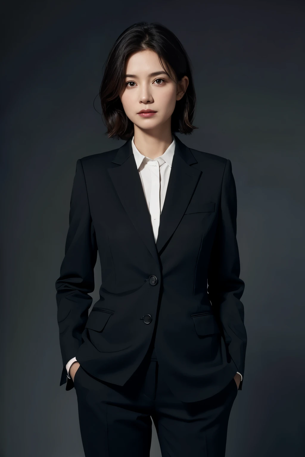European and American middle-aged woman standing alone with black upper body in suit