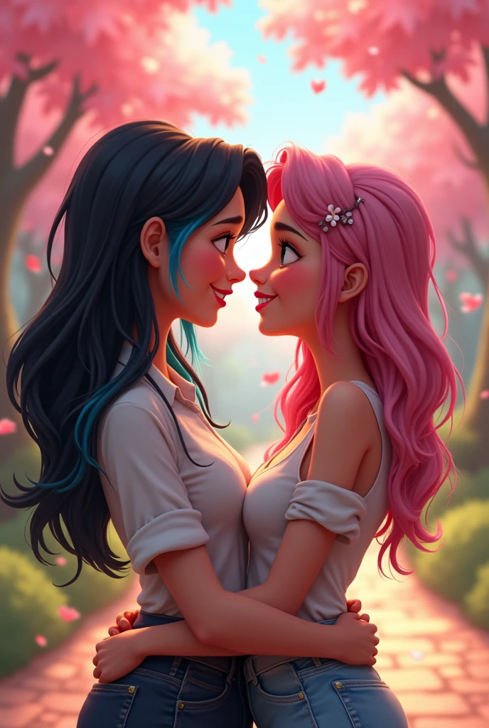 Create a lesbian couple with the following characteristics:
One has black hair and blue streak and the other has pink hair with black streak In stock Disney/アニメ/Cartoon set in a park 