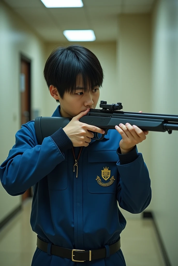 Real Man、「The Irregular at Magic High School」An Olympic shooting athlete cosplaying as a uniform、Shooting a rifle、indoor、whole body、live-action