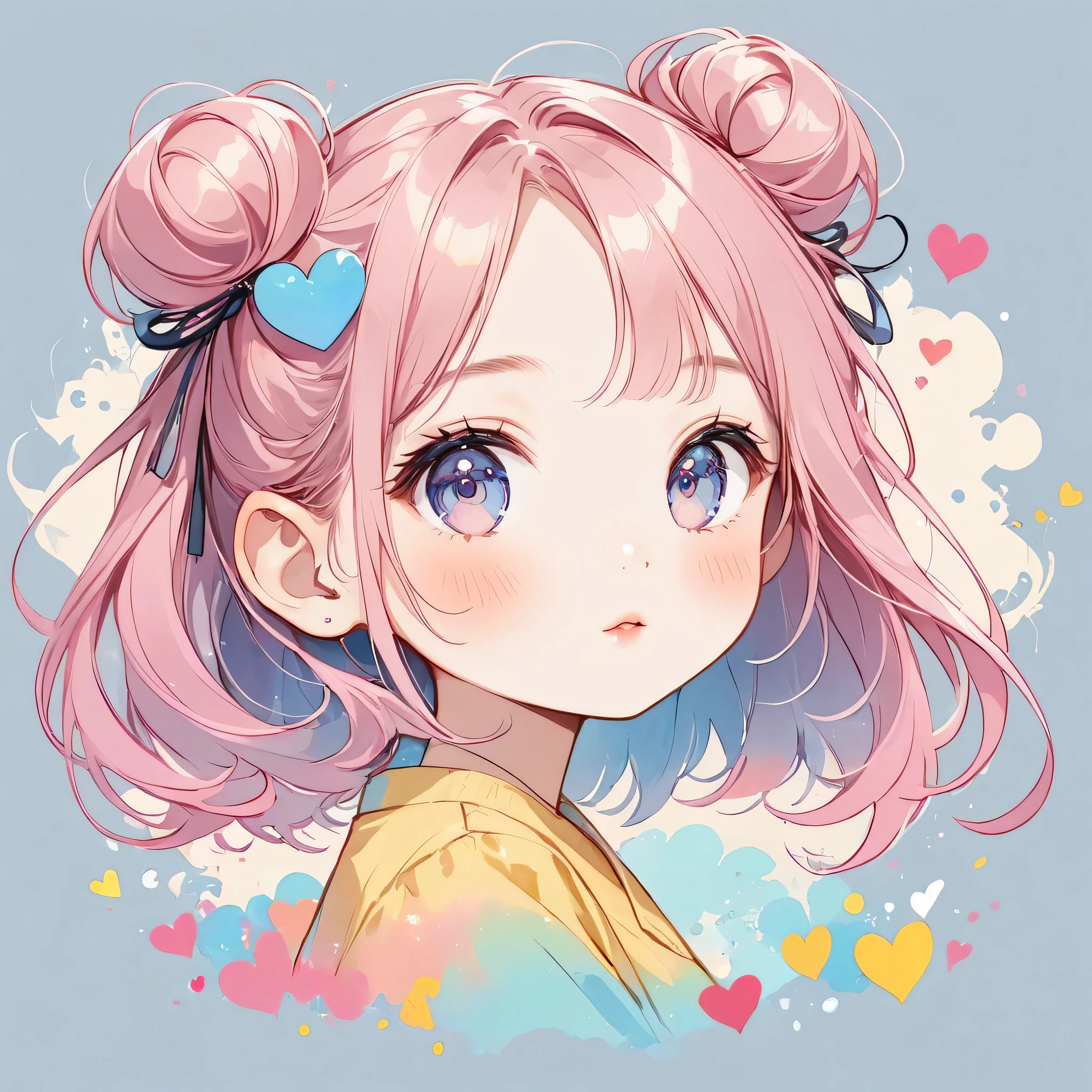 Hayao Miyazaki pastel color style, Simple Line Initialism,Abstract art,Urban Background, (((The most beautiful girl of all time))), chibi, Sweet face. Lips in love, colorful hearts, kawaii design