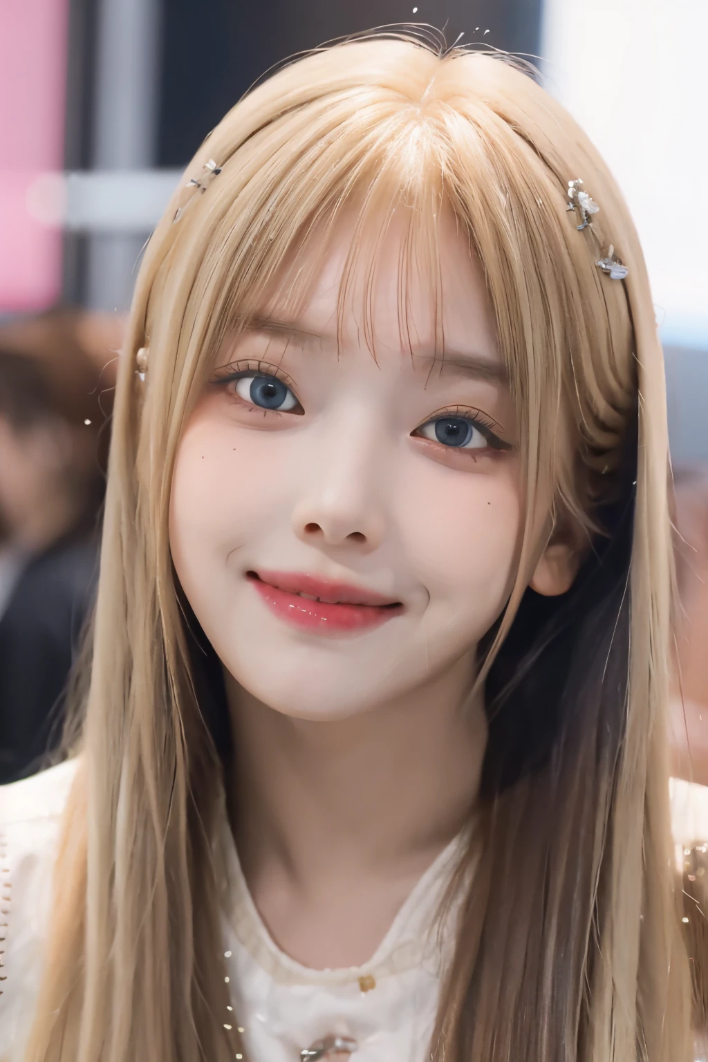 1girl, JIWOO NMIXX , perfect face and eyes, perfect poses, sexy body, surprised, blonde hair, front bangs, masterpiece, best quality, highly detailed, solo focus, ((smiling :0.8)) 