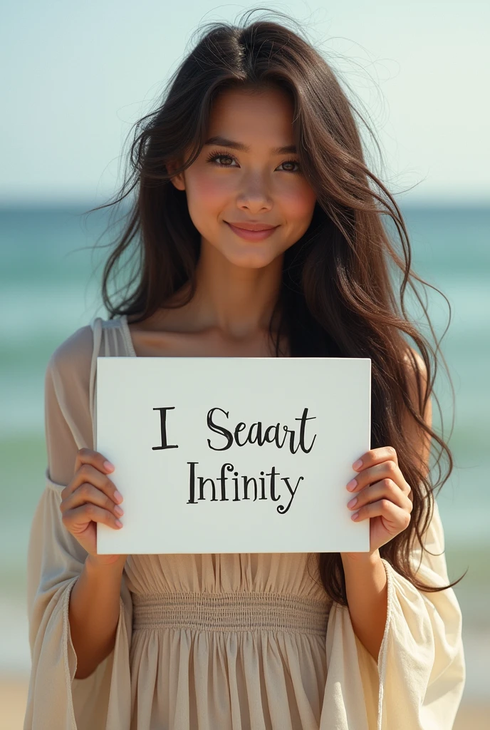 Beautiful girl with wavy long hair, bohemian dress, holding a white board with text "I Love Seaart Infinity" and showing it to the viewer
