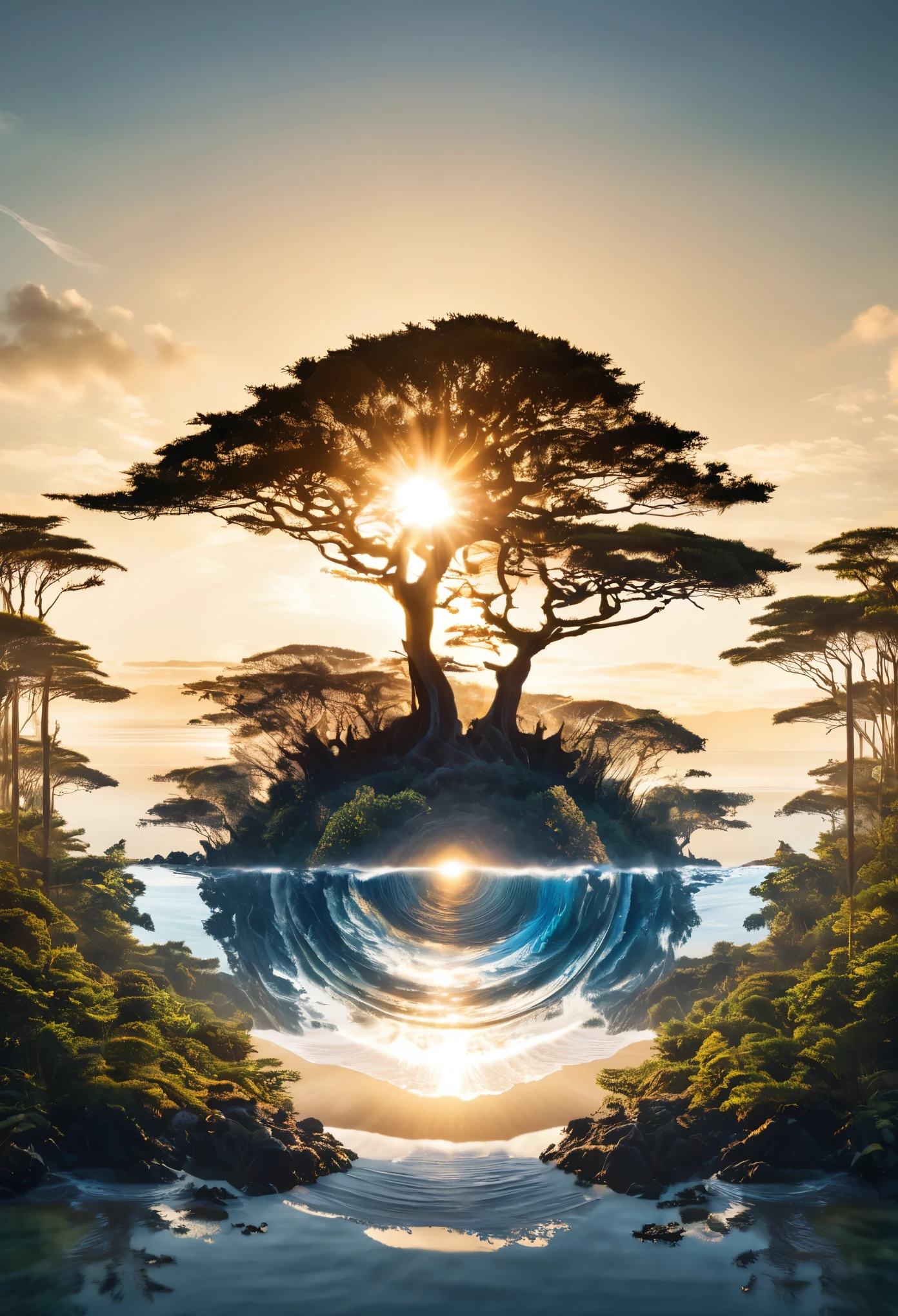 ((Double Exposure)) ((Photography)) of the ((forest)) and ((sunrise)) and ((ocean)) blending together in the word ((AFRICA)), artfully captured with a ((70mm lens)) on a ((clear sunny day)), intricate details and ((hyperrealistic)) patterns that draw the eye, providing a unique and creative way to showcase this breathtaking scene. ((Unreal Engine 5)) ((Rendered))