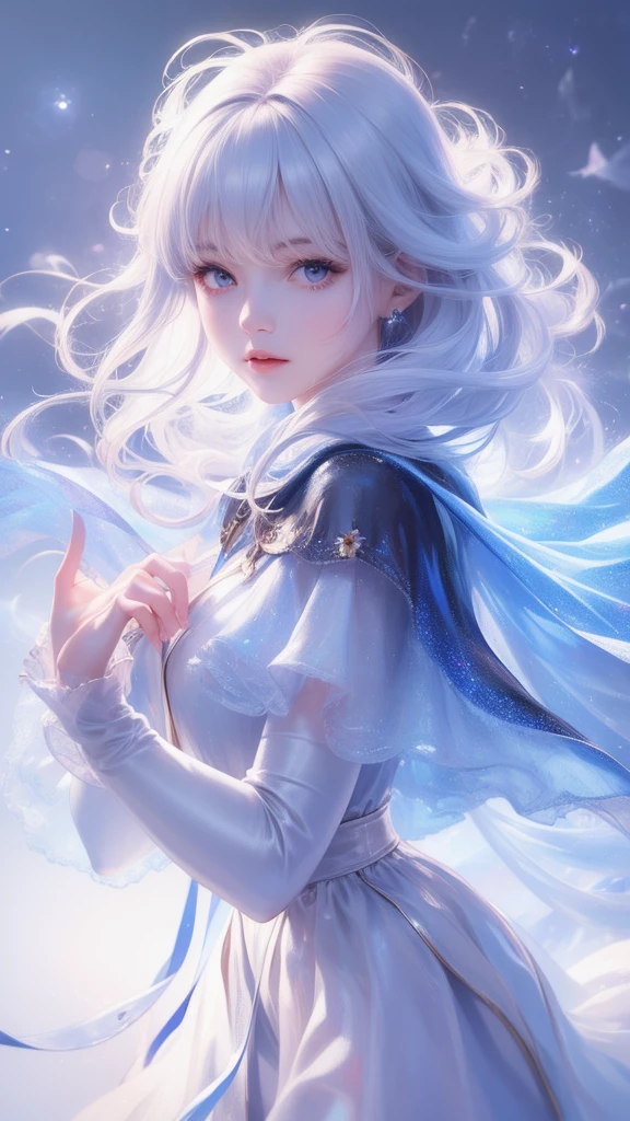 ((masterpiece)), (((best quality))), ((Extremely detailed)), ((illustration)),[Realistic lighting effects],shadow,(Fantasy style),(White background:1.6), Simple background, (Earth Theme),(A cape)[(Hair Focus,((1 Girl)),[(Lyme Hair): (Cloud):0.3], (Hair on background),(High Saturation),(The hair is surrounded by galactic splashes),)):((Her hair turned into a galactic cloud,:1.27628), (Hair and clothes are galactic clouds and star clusters:1.1025),(A cape is becoming galaxy clouds)