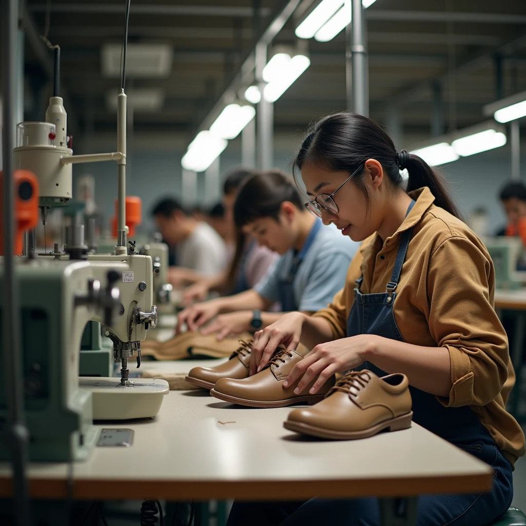 create a shoe factory photo, with people producing shoes happily working, This factory is eco-responsible and cares about its workers. show sewing machines etc...