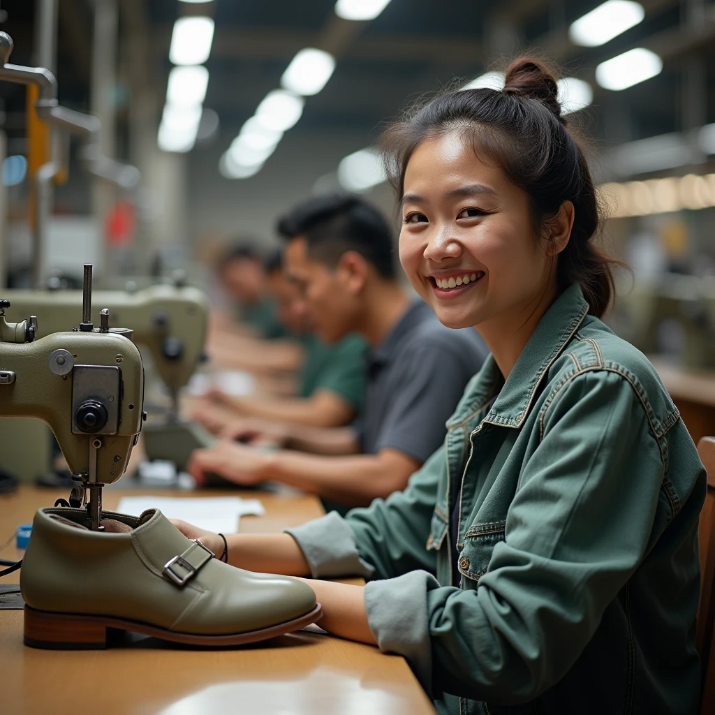 create a shoe factory photo, with people producing shoes happily working, This factory is eco-responsible and cares about its workers. show sewing machines etc...