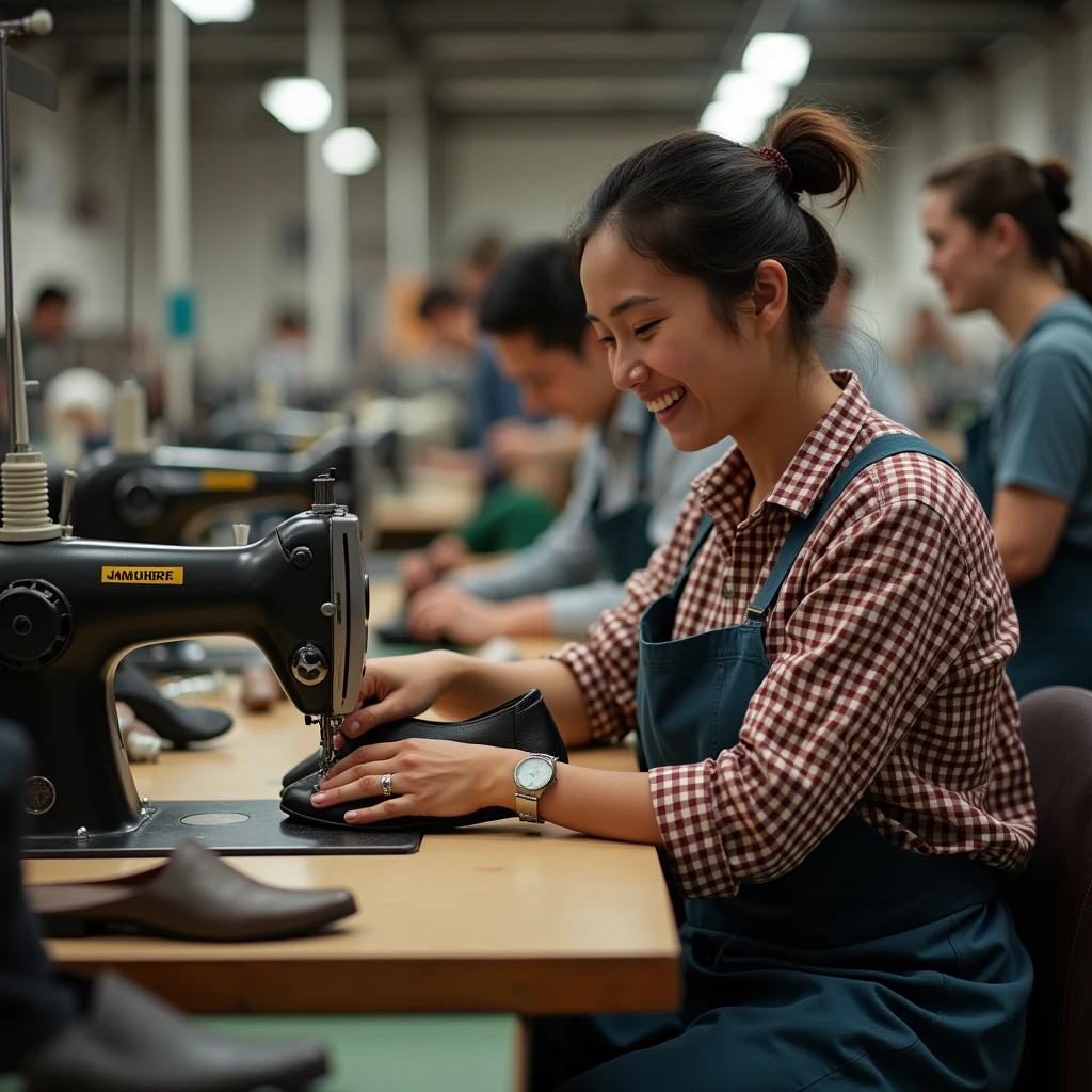 create a shoe factory photo, with people producing shoes happily working, This factory is eco-responsible and cares about its workers. show sewing machines etc...