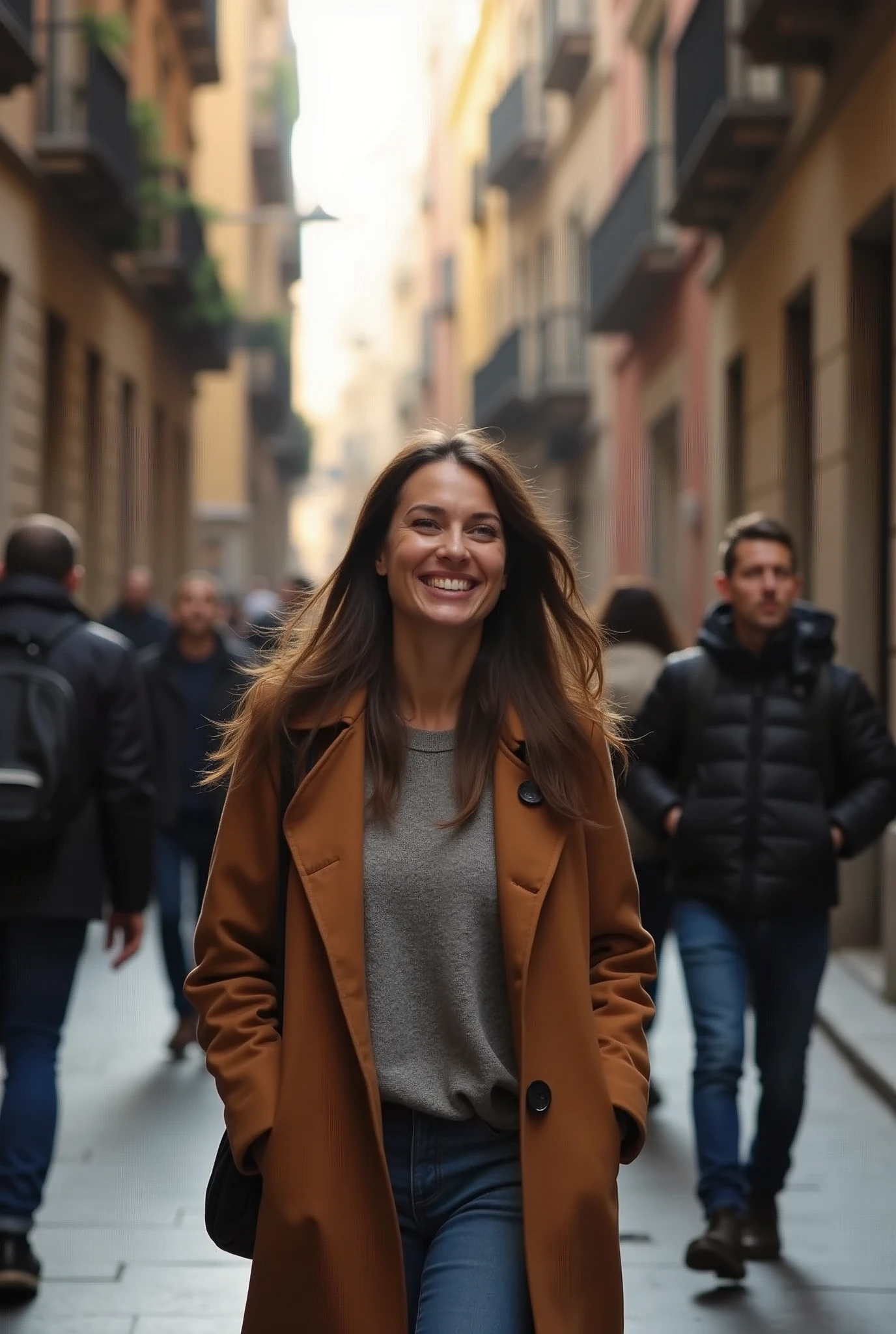 realistic portrait of a happy woman captured with a DSLR digital camera, strolling the bustling narrow streets filled with people in Barcelona