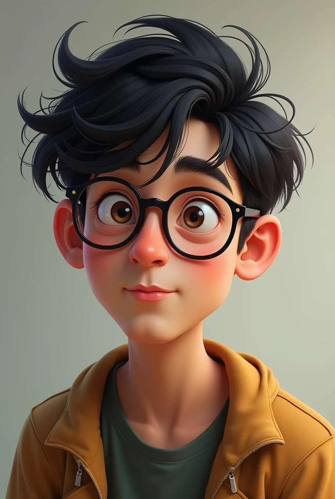 A person of male gender, White skin, broken black hair, Wear glasses, brown eyes and no beard