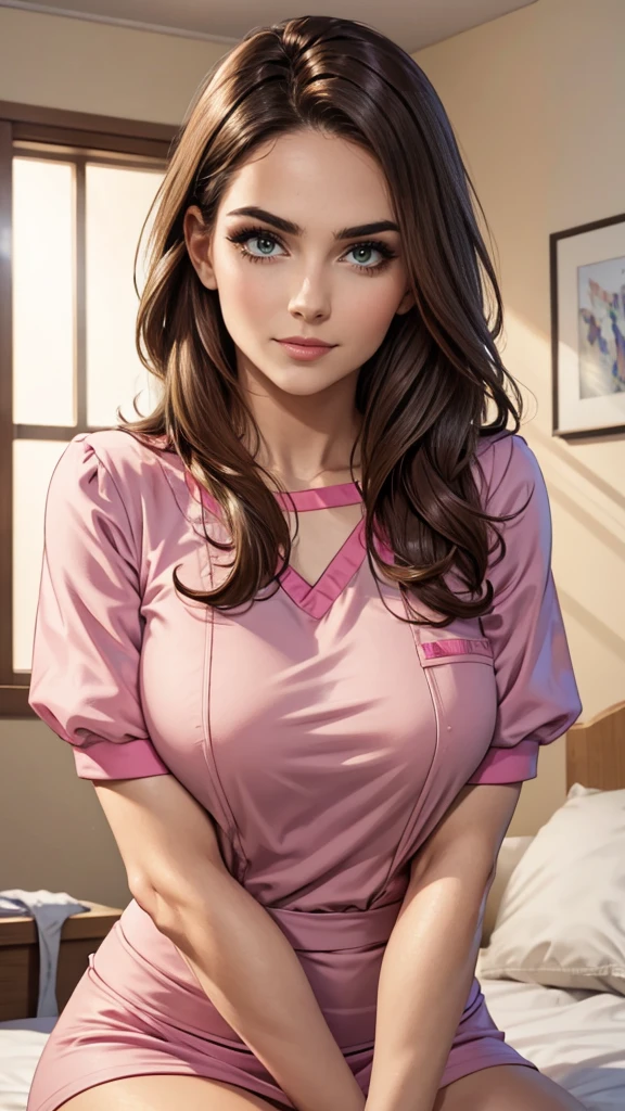  (masterpiece, Best quality, a high resolution, ultra detailed),(beautiful and aesthetically pleasing:1.2), 1 woman, adult woman, black wavy tousled hair, green eyes, lethargic look, tired look, gentle face,(slight smile:0.8), detailed eyes and face, perfect body, Whole body, Soft lighting, Whole body, complex parts, hospital atmosphere, hospital, hospital ward for treatment, is being treated in hospital, patient clothing, ache