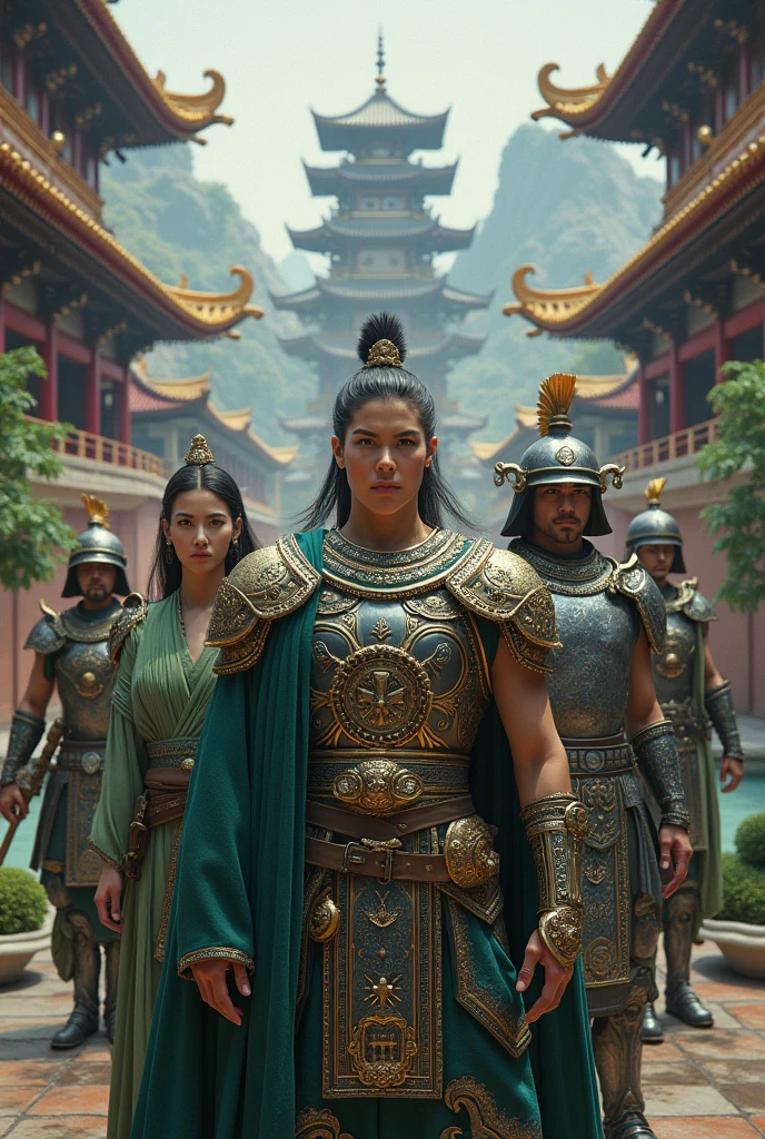 roman empire mix with japan and chinese dynesty with theme colour of green,silver,black,purple,gold and diamond.