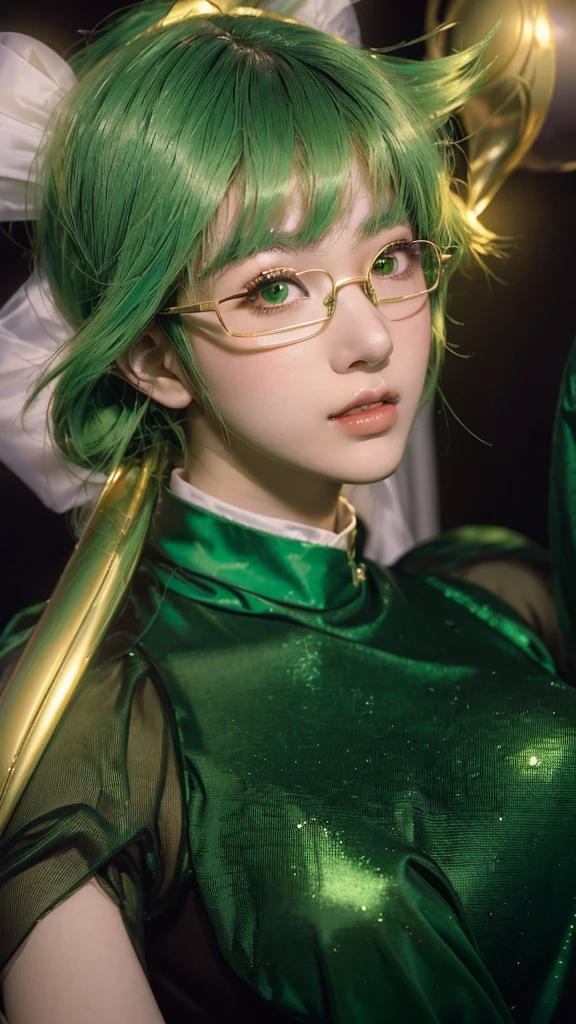 A woman with green hair and glasses is holding a golden balloon, Anime Girl Cosplay, portrait of anime woman, Anime Cosplay, Close-up of a young anime girl, Tatsumaki from One Punch Man, Portrait of a female anime hero, mao hamaguchi, Anime Girl Portrait, Anime Girl Portrait, Also, Anime realism style, High-quality portraits