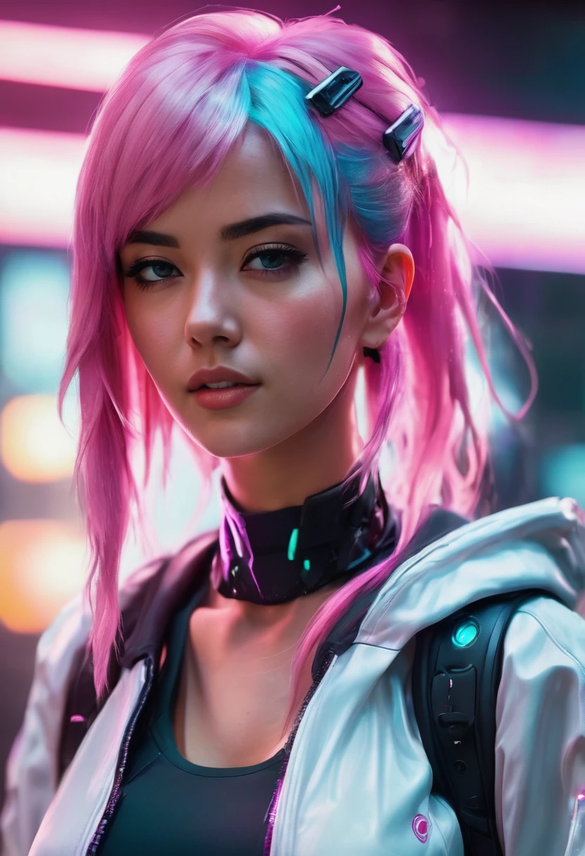 A close-up of a woman with pink hair and a white jacket, cyberpunk art by Ross Tran, trend on CGSociety, Digital art, wearing cyberpunk jacket 2 0 7 7, cyberpunk 2 0 years. o model girl, Cyberpunk 2 0 7 7 Character Art, female cyberpunk anime girl, cyberpunk anime girl, cyberpunk character art, beautiful cyberpunk woman model, Style Ross Tran