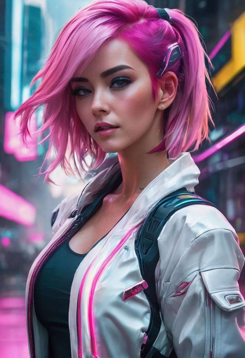 A close-up of a woman with pink hair and a white jacket, cyberpunk art by Ross Tran, trend on CGSociety, Digital art, wearing cyberpunk jacket 2 0 7 7, cyberpunk 2 0 years. o model girl, Cyberpunk 2 0 7 7 Character Art, female cyberpunk anime girl, cyberpunk anime girl, cyberpunk character art, beautiful cyberpunk woman model, Style Ross Tran