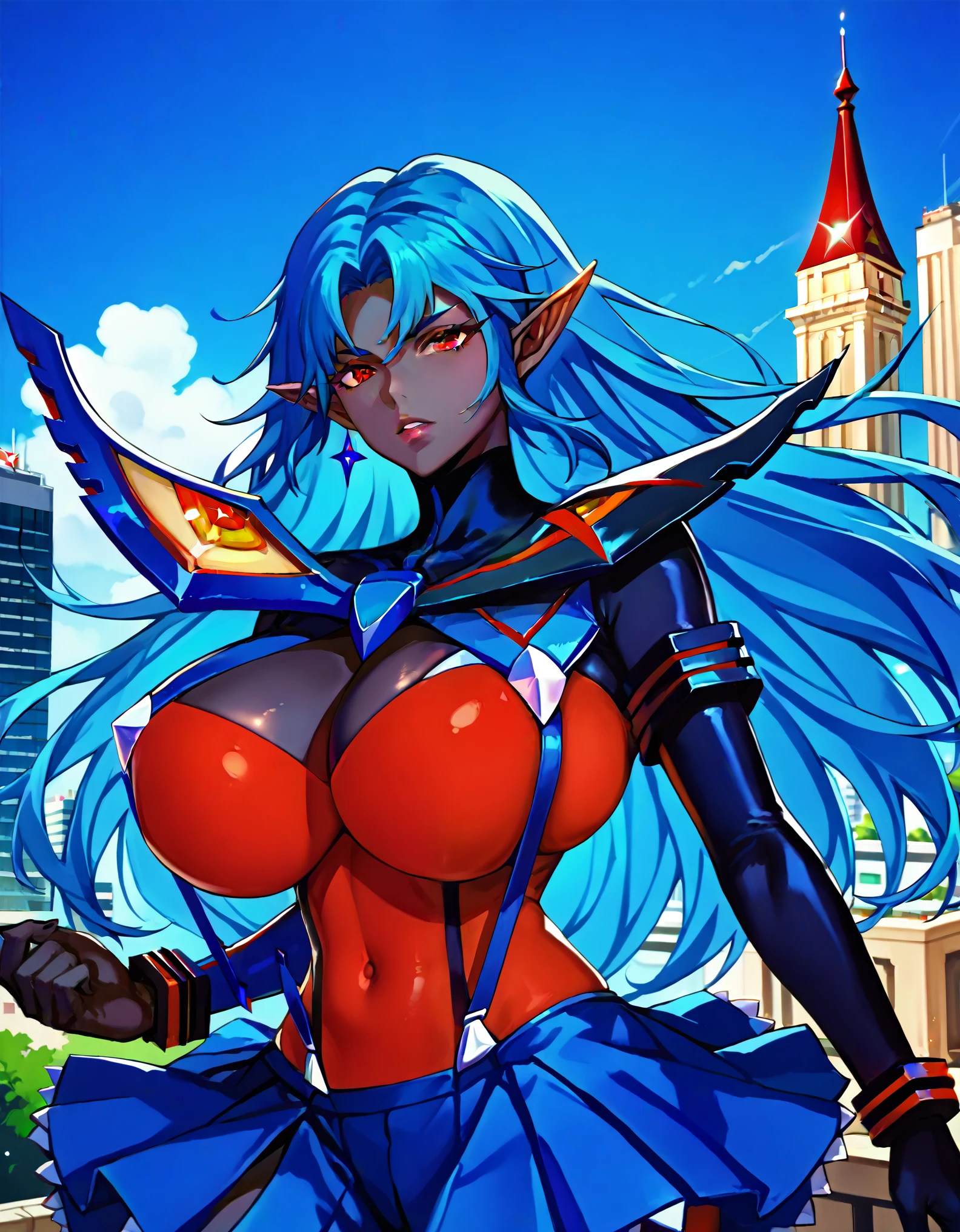 masterpiece, score_9_up, score_8_up, score_7_up, source_anime, best quality, extremely detailed, 1girl, milf, solo, (colored skin, black skin:1.8), PonyLeona, (huge breasts:1.2), ((((blue hair), long hair, red eyes, pointy ears))), parted lips, (((ryuukomatoicosplay, matoi ryuuko \(cosplay\), living clothes, navel, revealing clothes, showgirl skirt, skirt, suspender skirt, suspenders, underboob, life fiber, midriff, sideboob))), ((expressionless)), ((cityscape))