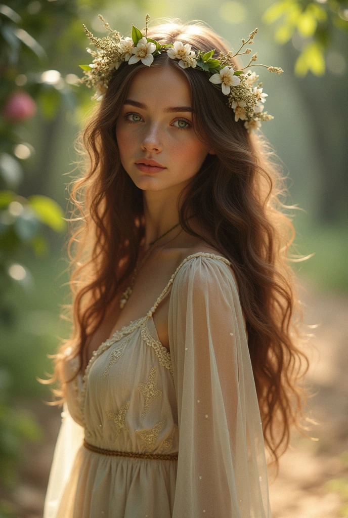 Beautiful girl with brown wavy long hair, bohemian dress, whit girl