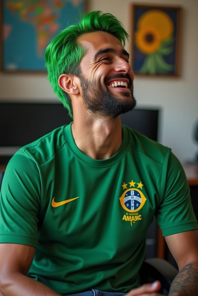  A laughing Brazilian man with green hair, Corinthians shirt, sitting in a desk chair (make the image with his whole body)