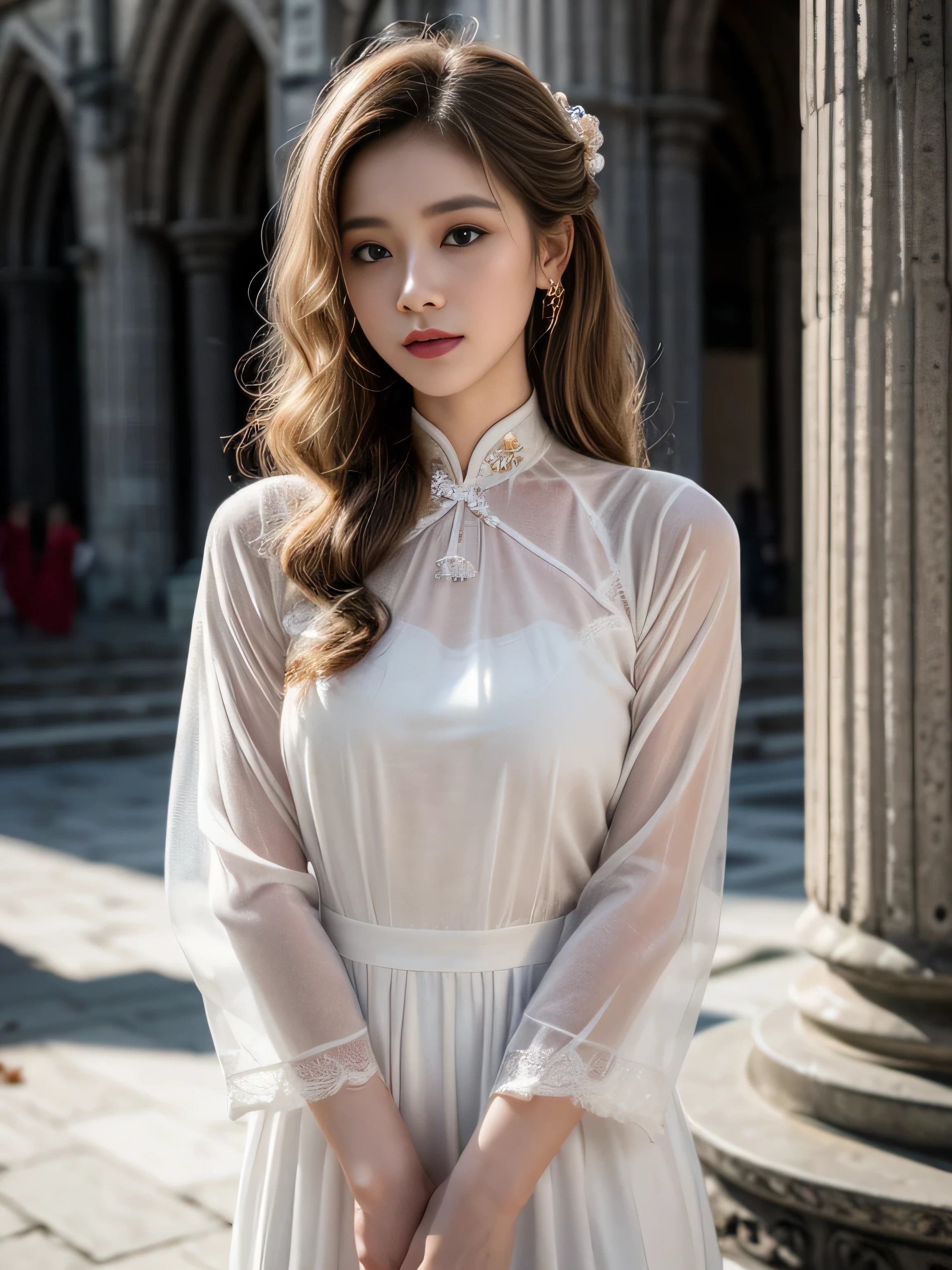 19 years old child, (wearing a white traditional Vietnam Ao Dai:1.3), (no accessories on Ao Dai:1.3), see through with white underwear, (wearing a traditional Vietnam Non La:1.3), big round breast, ((updo hairstyle, Dark blonde hair, wavy hair, long hair:1.3)), (photorealistic:1.2), (ultra realistic:1.3), (very detailed:1.1), ((masterpiece)), (Hand Details:1.3), (blush:1.3), (shy:1.3), (Outside Vietnam Saigon Notre Dame Cathedral:1.3), depth of field, first person view.