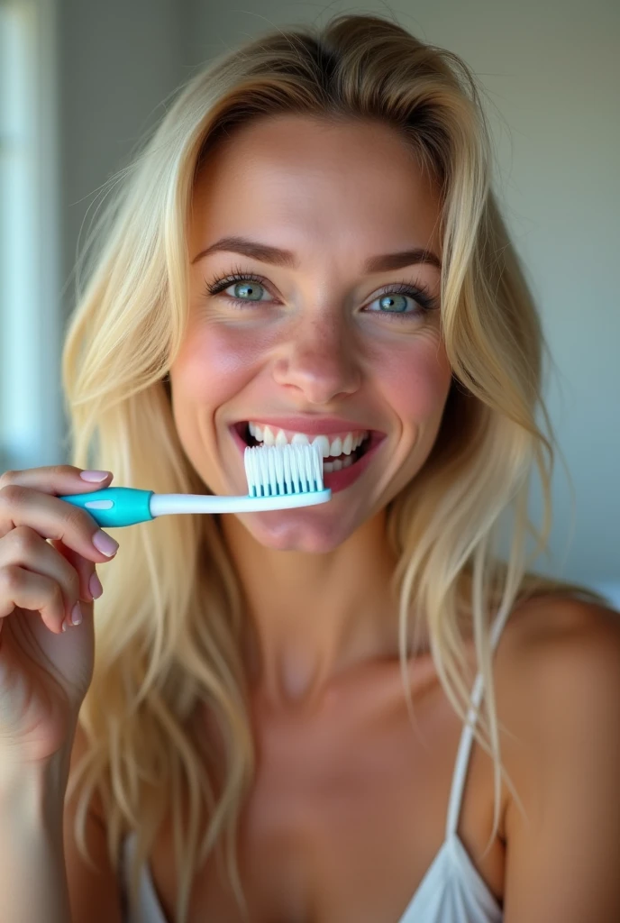 An 18 year old blonde brushing her teeth with a penis shaped toothbrush