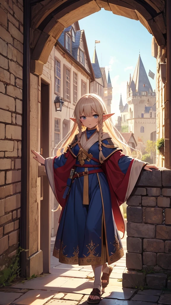 High quality, 8K, (chibi style), medieval European castle town, cute, loose, beautiful elf girl, slightly smiling, very skinny, large clothes, long sleeves of robe cover hands, short T-shirt,