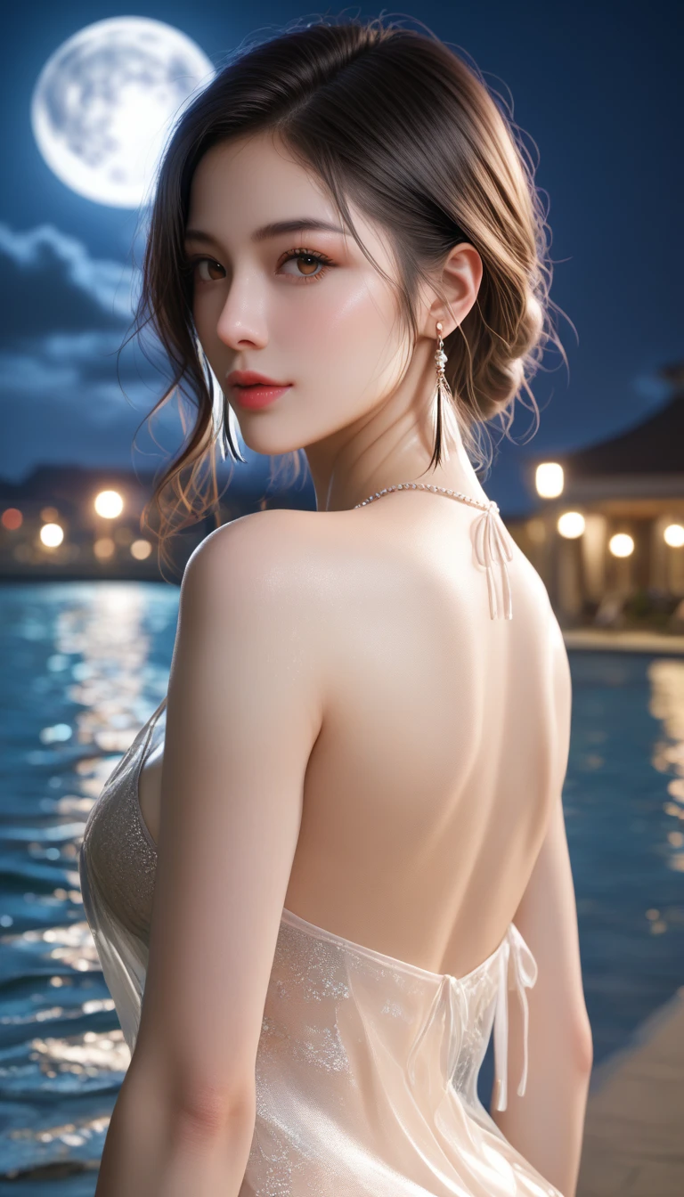 score_9, score_8_superior, score_7_superior, A masterpiece in 32K resolution,Highest quality,it is really amazing,Very detailed,Ultra-high resolution,Ultra-realistic,Realistic,Increased depth of field,Cinematic lighting,
Sexy Japanese Adult Women,
black straight medium hair,Ultra-detailed and beautiful face,Gentle expression,Translucent white skin,Realistic skin texture,
Elegant swimwear,
Bold design,Artistic design,Beautiful and detailed pattern,Detailed fabric texture,
Gorgeous necklace,Earrings,
Coastline at night,Giant Moon,Dark clouds floating in the dark night sky,
Cinematic Angle,Beautiful back view,