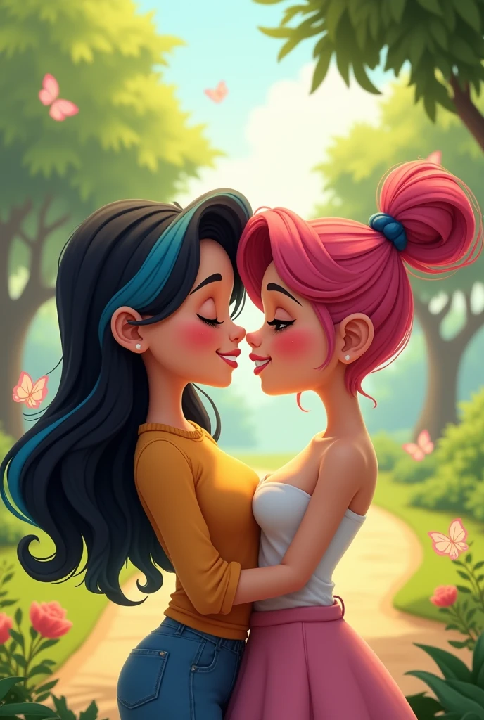 Create a lesbian couple with the following characteristics:
One has black hair and blue streak and the other has pink hair with black streak In stock Disney/アニメ/Cartoon set in a park