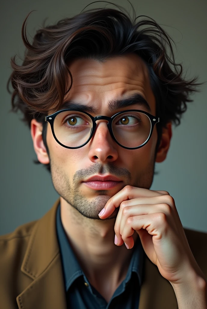 British. Handsome, husband and father. Full lips, straight nose, and a finely shaved beard and mustache. Light blue eyes and messy and long black hair.  Dimples and Thick eyebrows and smooth and white skin similar.  He was wearing glasses, his hair like a lion's mane, and with one hand grabbing and biting his pencil