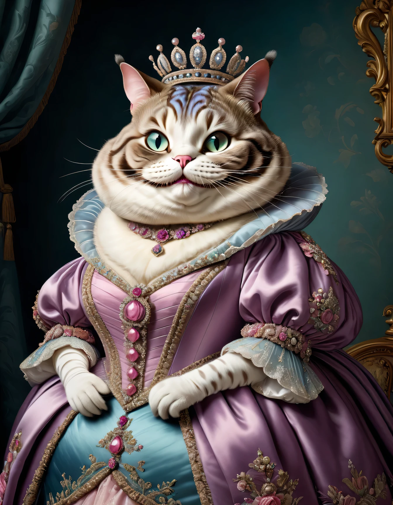 photorealistic portrait of Dressed animals - a ((fat)) (Cheshire cat) Queen, (portrait image:),(elegant pose:1.5) Wearing luxury sack-back gown,(wearing luxury tiara),(happy:1.2), Old-fashioned luxury clothes, detailed and opulent description of a queen's aristocratic sack-back gown in Rococo , emphasizing luxurious fabrics, intricate embroidery, and ornate accessories, simple  background,(looking at viewer:1.5),score_9, score_8_up, score_7_up, score_6_up, score_5_up, score_4_up,