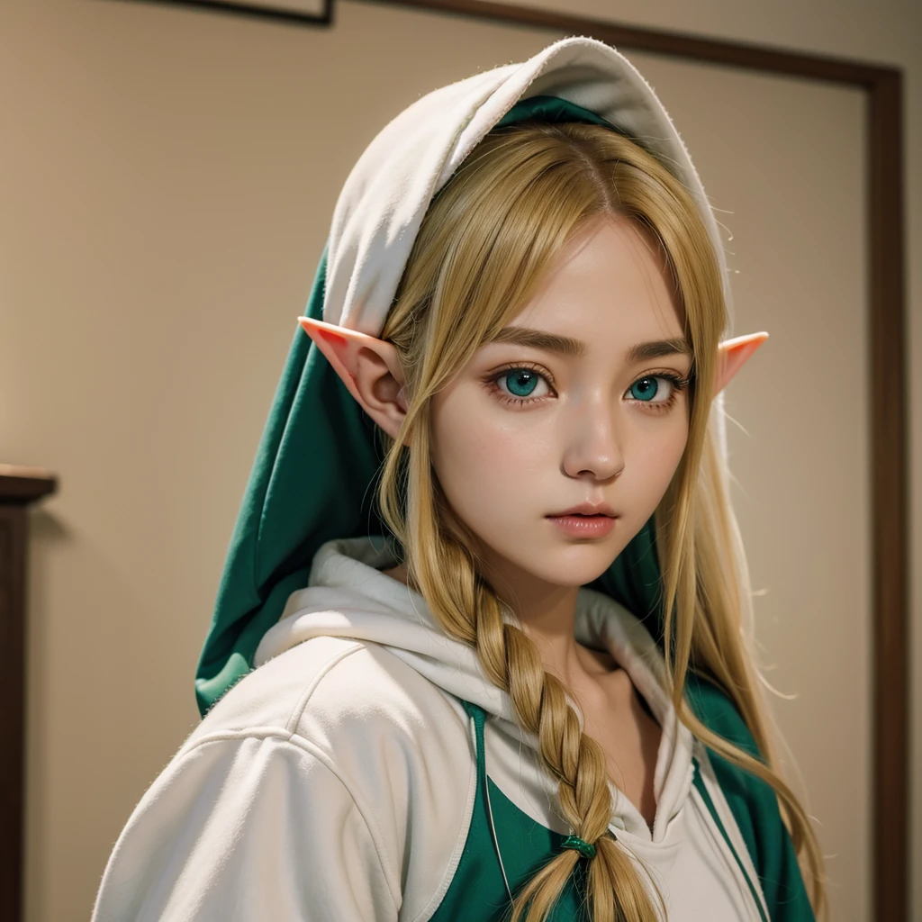 Vivid depiction、3DCG、Clear photos、Face close up、Wearing a white hoodie pulled down over your shoulders、Gaze Here、A beautiful elf woman in her 20s who looks like Princess Zelda、Long blonde hair、Emerald green eyes、Long eyelashes、Dimly lit room with background