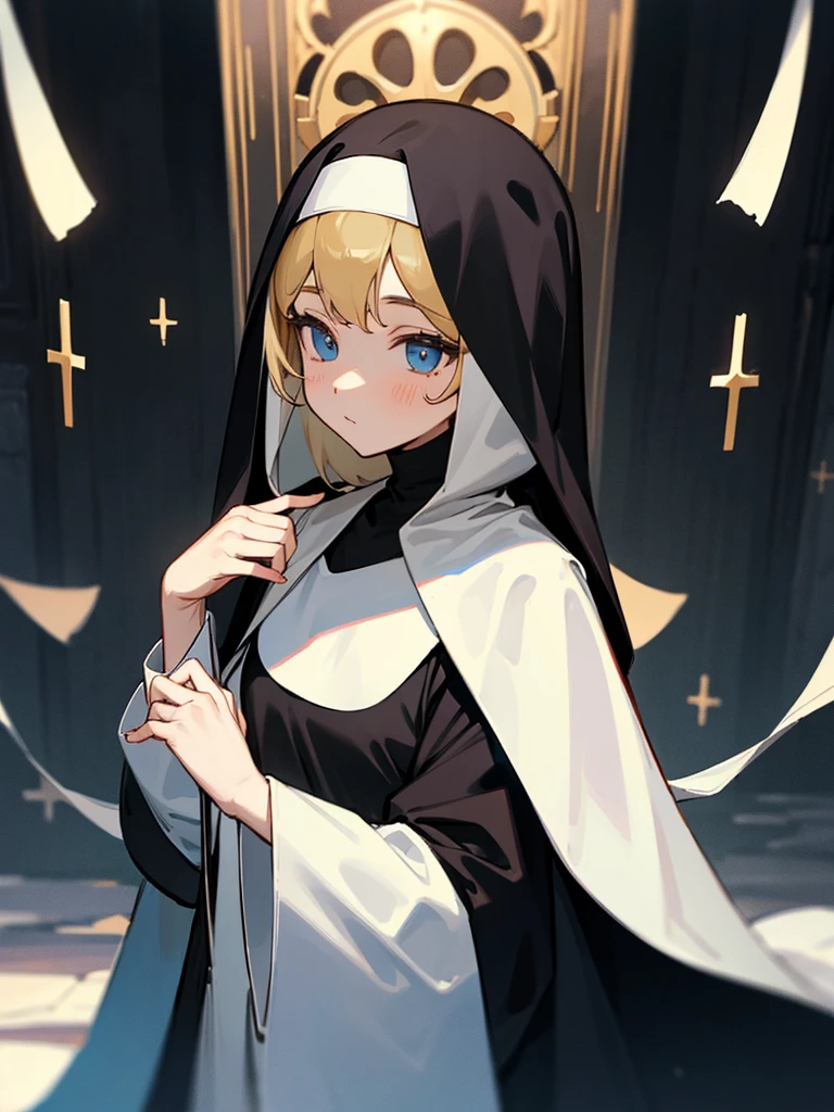 saint、A girl dressed in a nun&#39;s outfit、Abandoned Research Facility、Armament、end of the century、Android、outside、rubble、Broken medical equipment