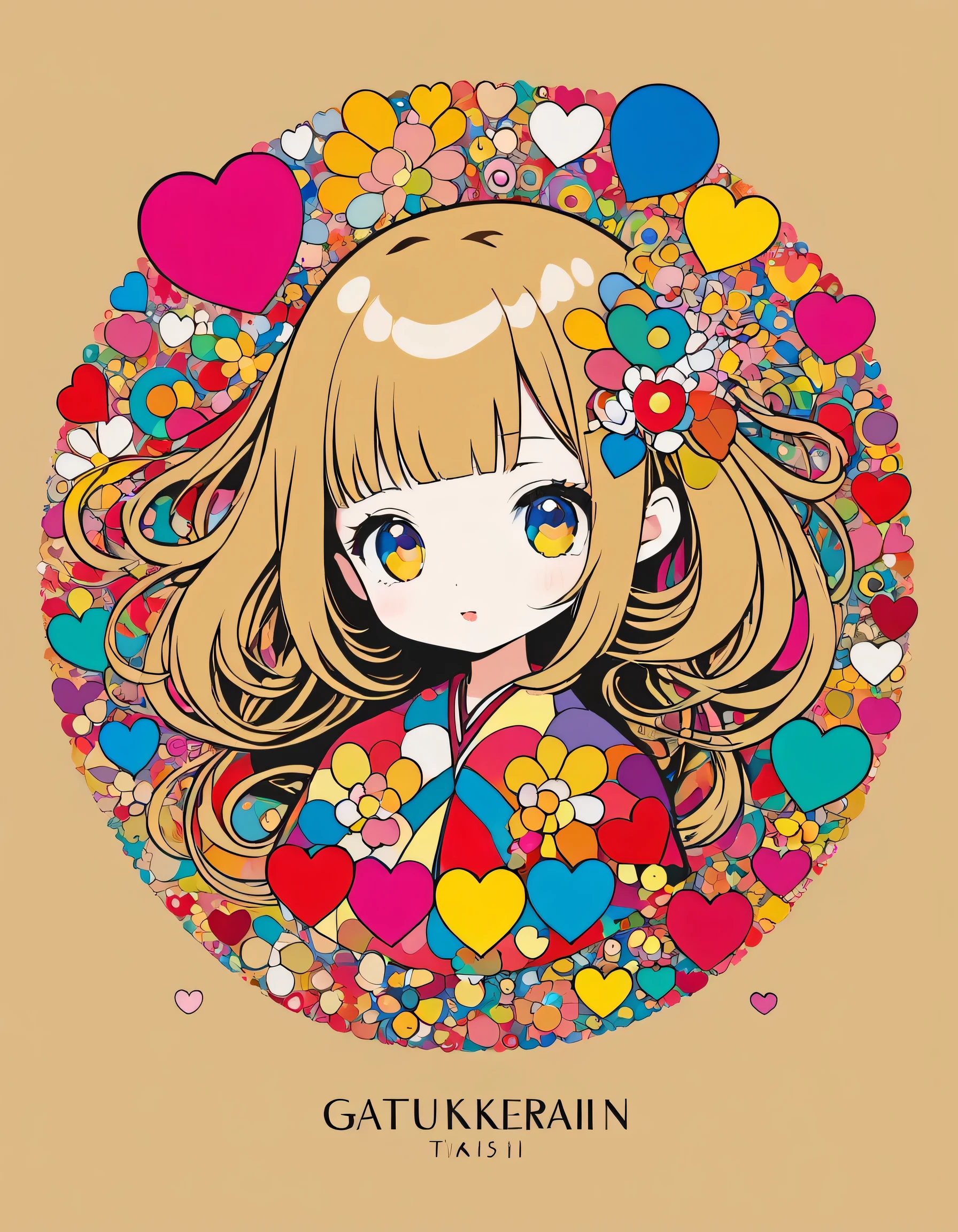 Masterpiece Golden Ratio Takashi Murakami style, Simple line initials,Abstract art,Kawaii Design, The most beautiful girl of all time, Colorful Hearts logo