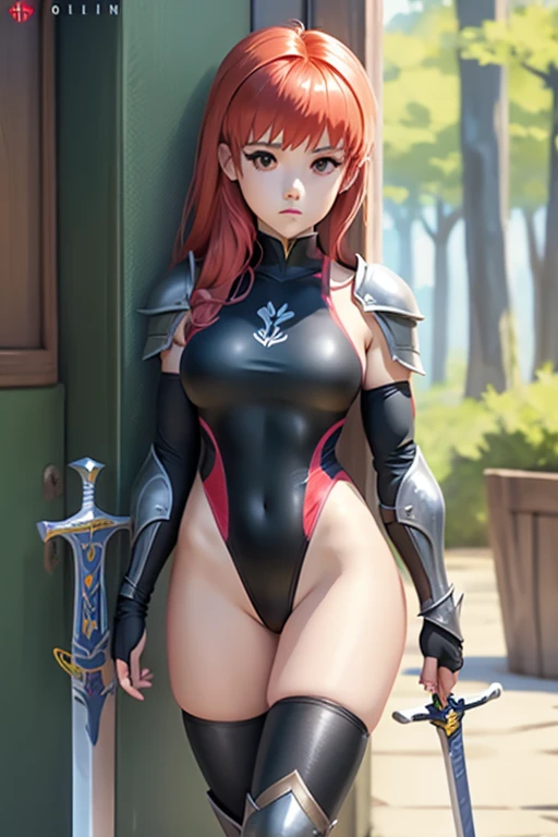 a bit, Warrior Girl, Black high leg swimsuit, sword,armor、Quiet