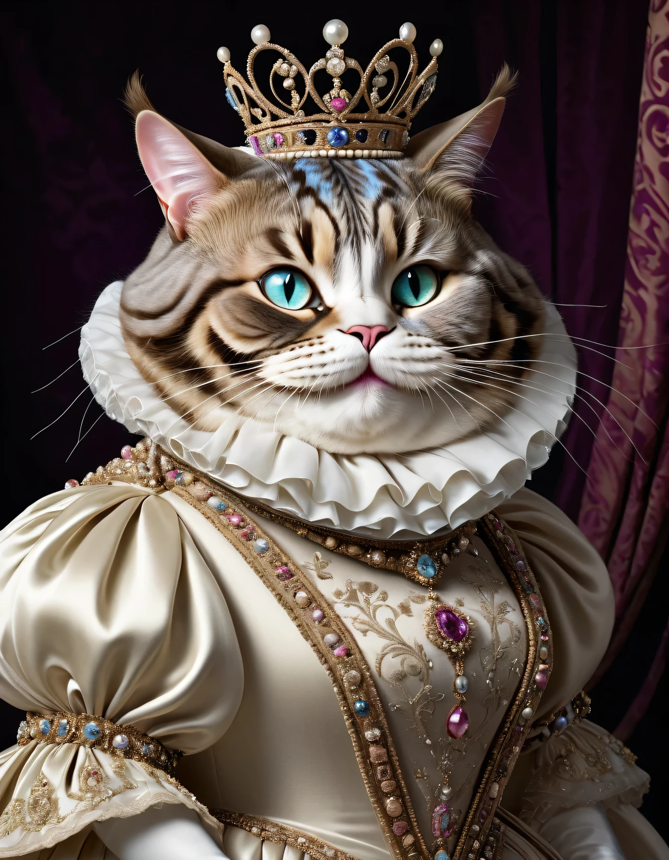 photorealistic portrait of Dressed animals - a ((fat)) (Cheshire cat) Queen, (portrait image:),(elegant pose:1.5) Wearing luxury sack-back gown,(wearing luxury tiara),(happy:1.2), Old-fashioned luxury clothes, detailed and opulent description of a queen's aristocratic sack-back gown in Rococo , emphasizing luxurious fabrics, intricate embroidery, and ornate accessories, simple background,(viewed from side:1.2),(looking at viewer:1.5),score_9, score_8_up, score_7_up, score_6_up, score_5_up, score_4_up,