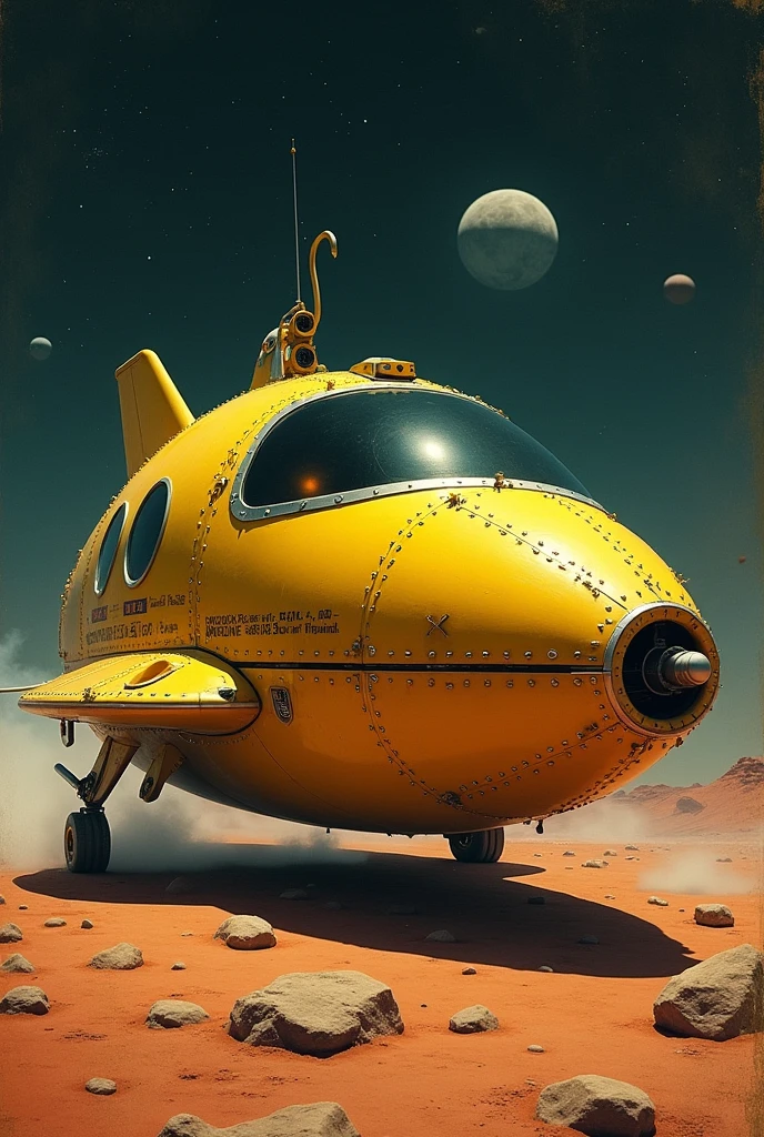 A small yellow capsule-type spaceship,1969s Design,Spaceships don't have wings,Riveted surface,There is writing on it,There are no windows.,Has a hook,Spaceship background in space,There is landing gear and it can land.,