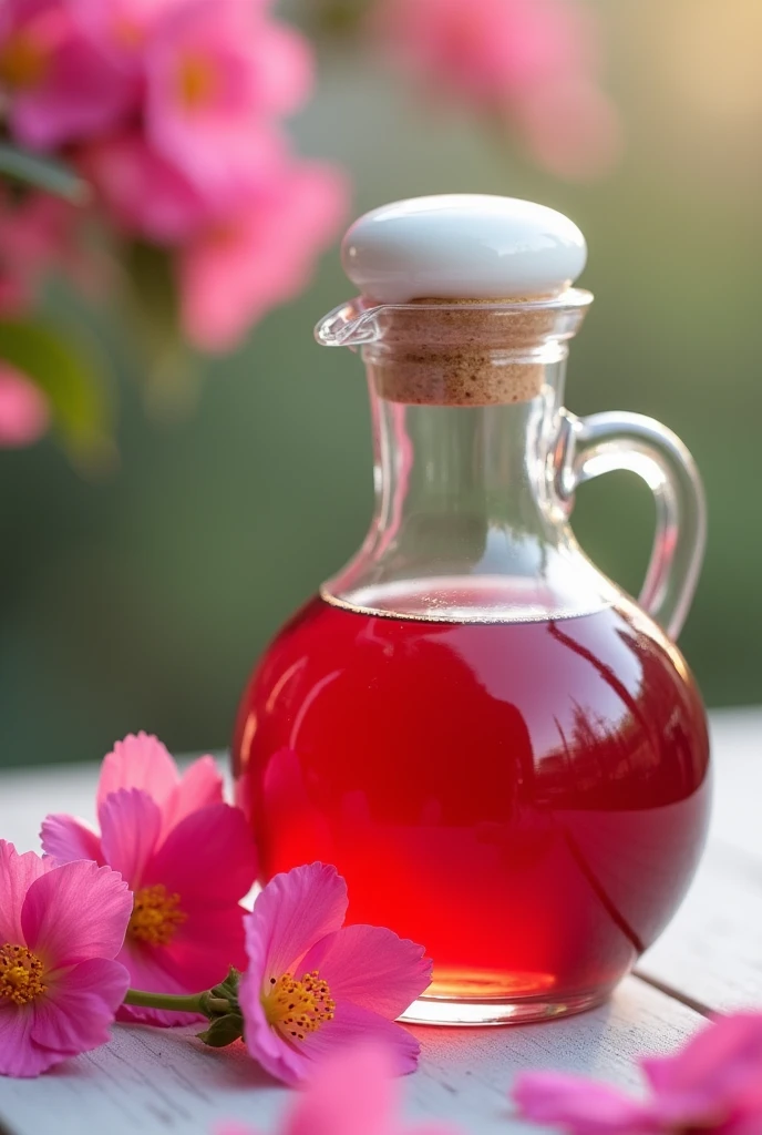 Advertisement for bougainvillea-based syrup in a glass container with a white lid
