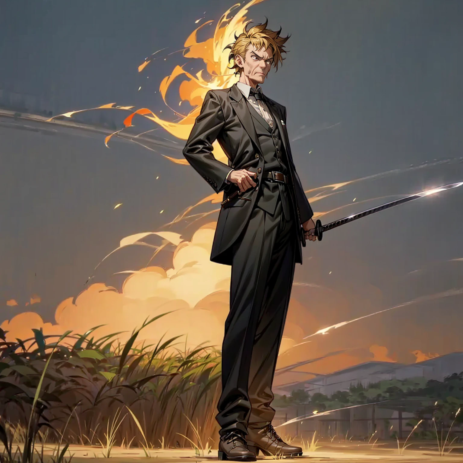 Solo character, full body version, old man, black eyes, blonde half black hair, short curly mohawk, formal clothing, belt, boots, outdoor, field, town, medieval, morning, standing gesture, detailed background, detailed clothing, detailed hair, angry eyes, sword in hand, smoke effect, lighting, glow effect on sword 