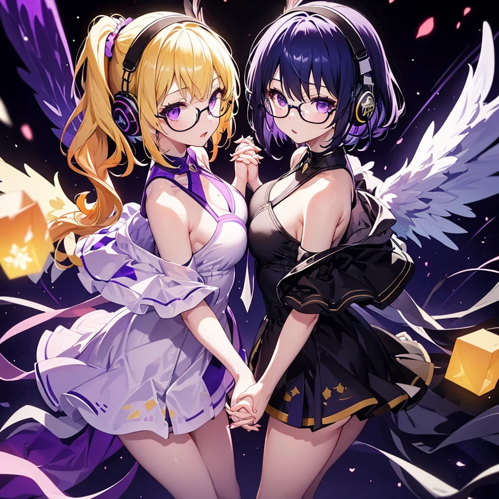 ((Highest quality)), (detailed), Holding hands and pointing back to back, a girl with dark blue hair, short hair, long bangs, large breasts, purple eyes, black round-rimmed glasses, and white headphones, and a girl with average-sized small breasts, long blonde hair, purple eyes, and a long side ponytail with large wings, no glasses、Holding hands and standing back to back.0、Yellow and purple light cube background 1.7、Idol costume 1.6