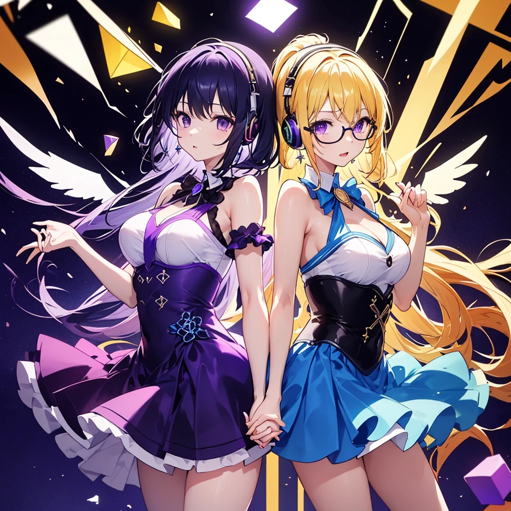 ((Highest quality)), (detailed), Holding hands and pointing back to back, a girl with dark blue hair, short hair, long bangs, large breasts, purple eyes, black round-rimmed glasses, and white headphones, and a girl with average-sized small breasts, long blonde hair, purple eyes, and a long side ponytail with large wings, no glasses、Holding hands and standing back to back.0、Yellow and purple light cube background 1.7、Idol costume 1.6