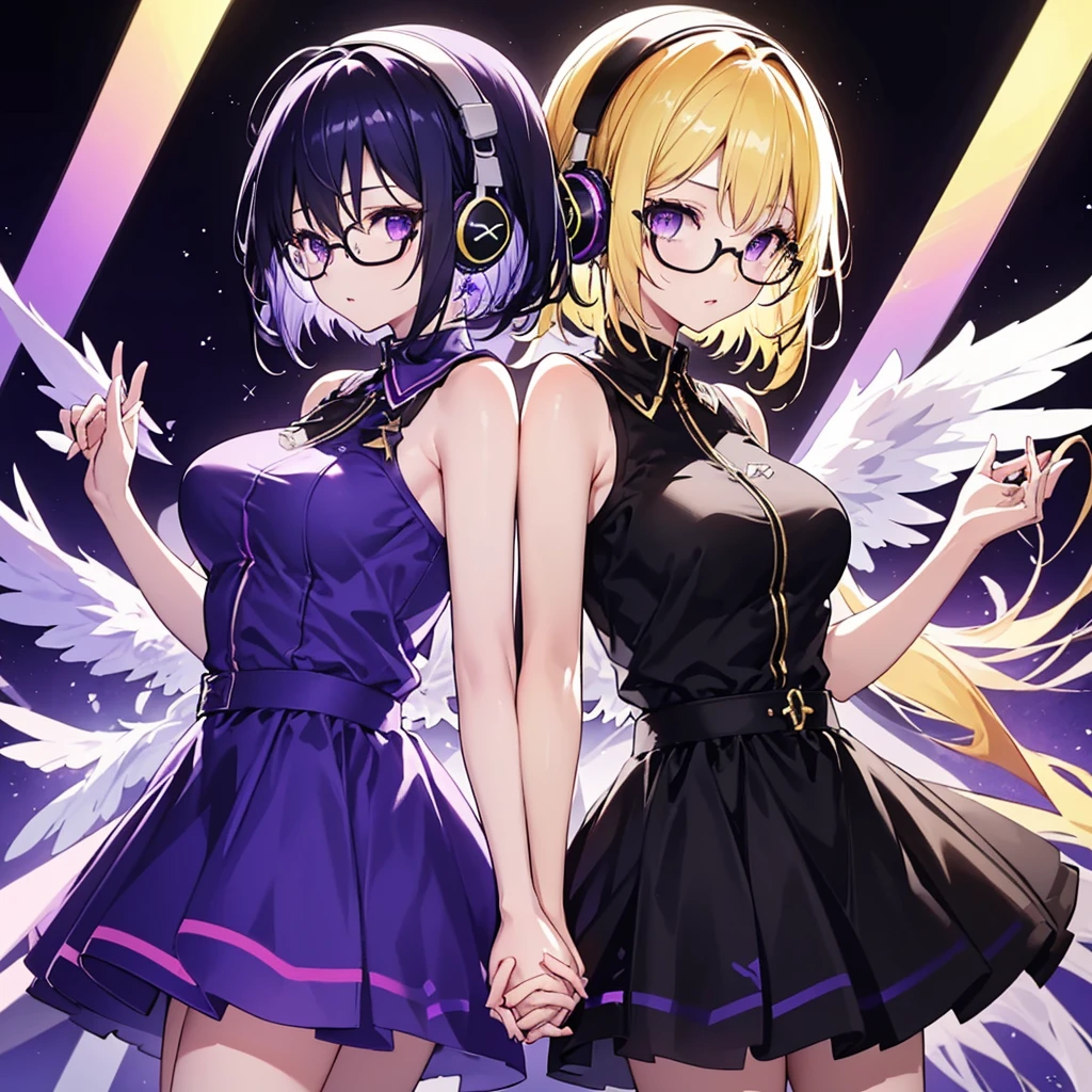 ((Highest quality)), (detailed), Holding hands and pointing back to back, a girl with dark blue hair, short hair, long bangs, large breasts, purple eyes, black round-rimmed glasses, and white headphones, and a girl with average-sized small breasts, long blonde hair, purple eyes, and a long side ponytail with large wings, no glasses、Holding hands and standing back to back.0、Yellow and purple light cube background 1.7、Idol costume 1.6