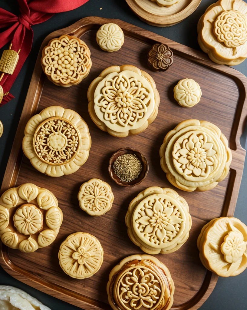 a close up of a wooden tray with various types of moon cakes, traditional chinese, chinese, 中 元 节, yummy, bao pnan, hong kong, luscious with sesame seeds, 千 葉 雄 大, lotus, delicious, pastry, trending ，, traditional medium, tang mo, pastries