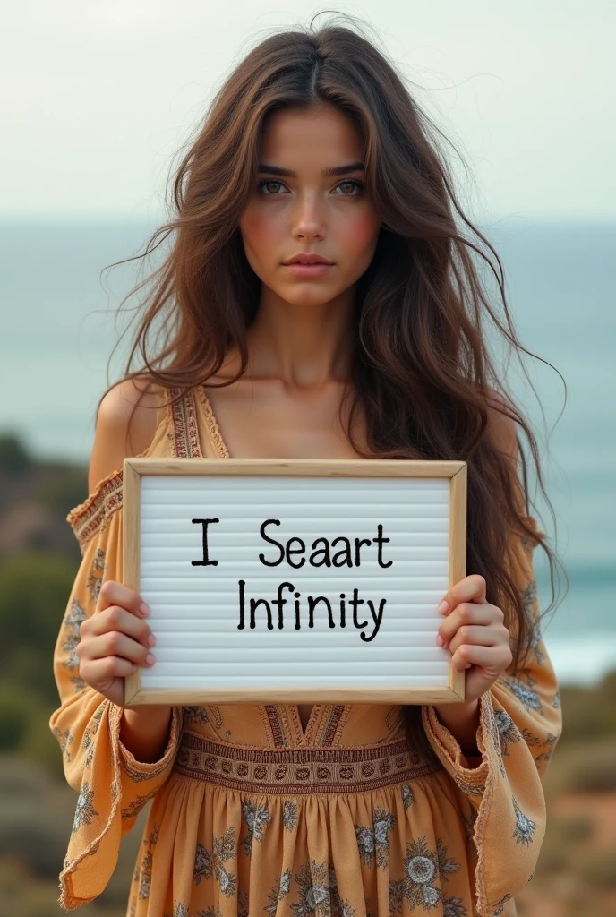 Beautiful girl with wavy long hair, bohemian dress, holding a white board with text "I Love Seaart Infinity" and showing it to the viewer