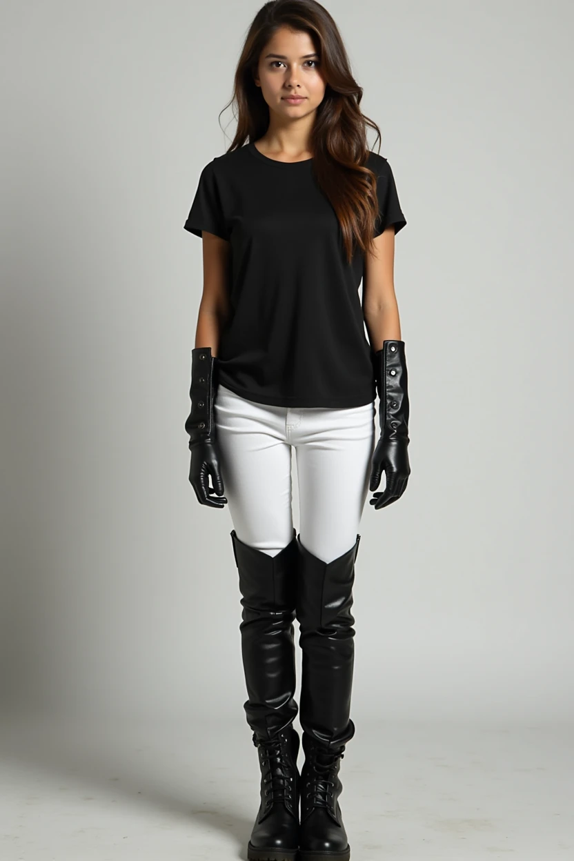 Middle school girl in black thigh high boots, white pants, long leather gloves and T-shirt