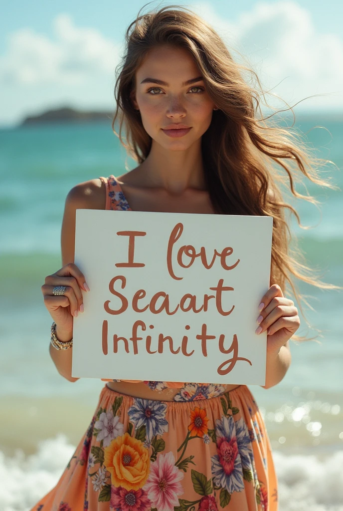 Beautiful girl with wavy long hair, bohemian dress, holding a white board with text "I Love Seaart Infinity" and showing it to the viewer