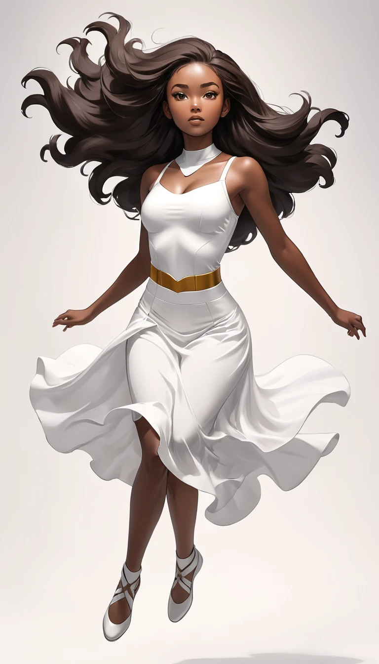 monochrome、22 years old、Woman、moderate bust、simple background、standing alone、苗条、1 person、superpowers、Pequenas peças floating in mid - air、brown skin、long hair、floating in mid - air、afroamerican、body branco