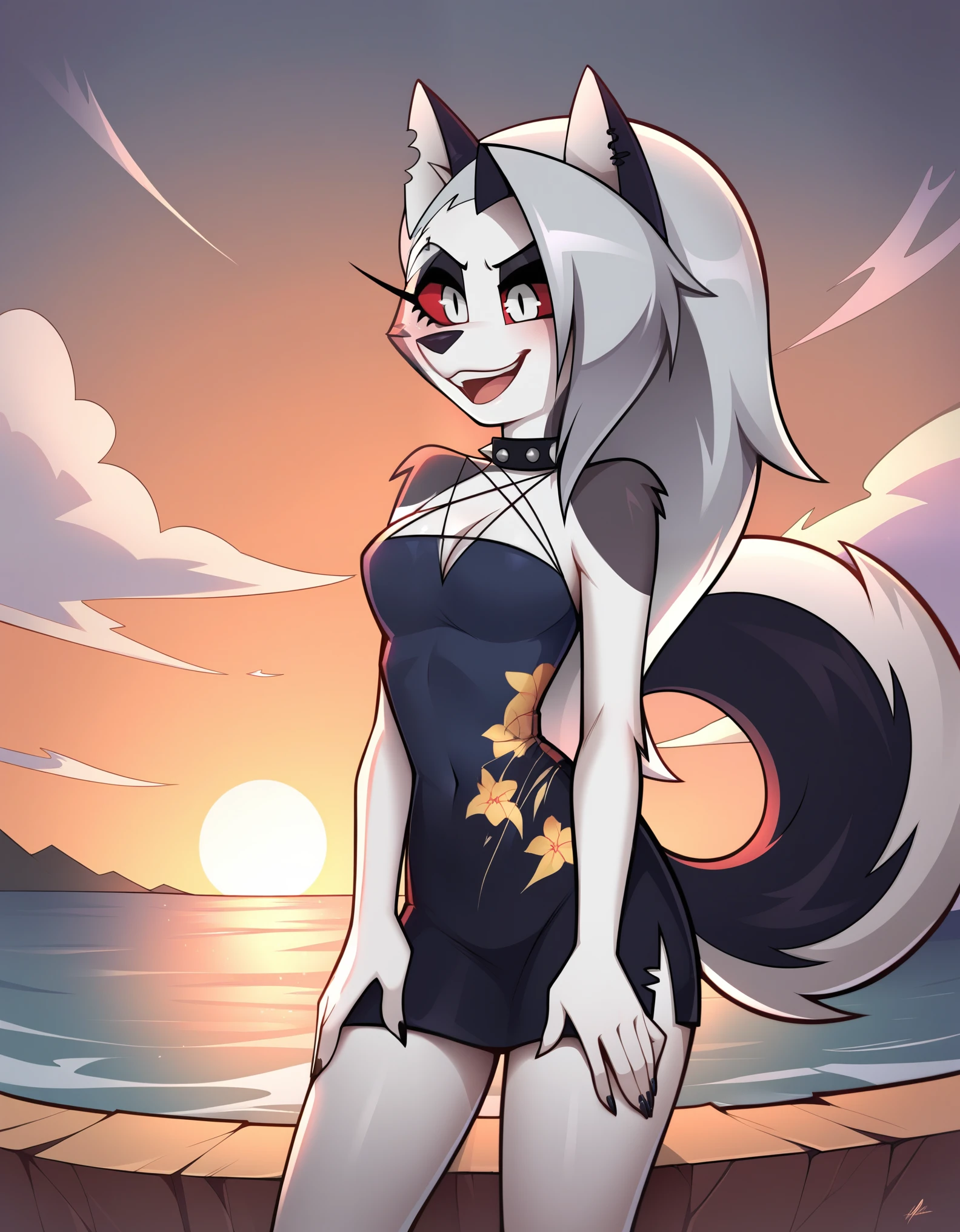 score_9_up, score_8_up, score_7_up, rating_safe, loona(jizokumode), hellhound, red sclera, loona \(helluva boss\), cheongsam, happy, wide eyed, sunset, cliff, ocean, hands on thighs, 5 fingers,