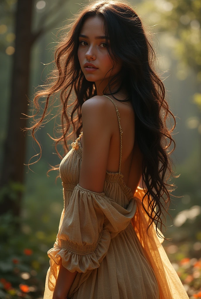 Beautiful girl with wavy long hair, bohemian dress, showing it to the viewer, showing ass, juice ass