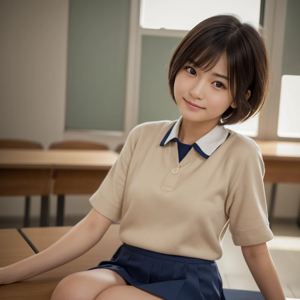 Highest quality, Face Focus, Soft Light, Ultra-high resolution, (Realistic:1.4), RAW Photos, 1 Japanese girl, alone, cute, (A shy smile:0.5), (Brown eyes, Light in your eyes), Beautiful face in every detail, (Small box),(High resolution detail of human skin texture), (Short Bob Hair), break, In the classroom,Navy uniform, Best, skirt